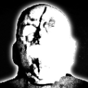 A heavily distorted, high-contrast black and white face with an intense, surreal expression.