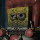 SpongeBob SquarePants looking exhausted and depressed while sitting in a red chair.