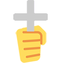 Hand holding a cross icon in a flat, minimalist style.