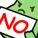 A grumpy green bean character holding a sign that alternates between the words NO and SWEAR.