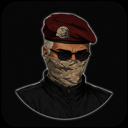 Soldier wearing a maroon beret, dark sunglasses, and a beige face mask looking stoic.