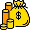 Money bag with a dollar sign and stacks of gold coins.
