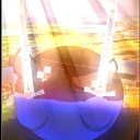 A glowing figure stands surrounded by intense, blinding rays of light and purple shadows.