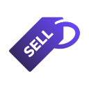 Purple arrow-shaped button with the word SELL written in white capital letters.
