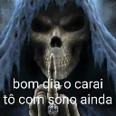 Grim Reaper holding a finger to its mouth in a shushing gesture with Portuguese text overlaid.