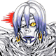 Rem from Death Note looking forward with a serious expression and yellow eyes.