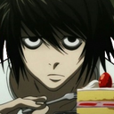 L from Death Note staring intensely while holding a fork near a slice of strawberry cake.