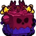 A purple cube with a skull face and dragon heads breathing smoke.
