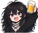 Anime girl with dark hair smiling and holding up a glass of beer in a toast.