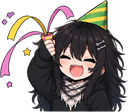 An anime girl with black hair wearing a party hat and smiling while holding a party popper with ribbons.