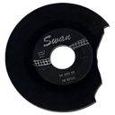 A black vinyl record with a large bite mark missing from its right side.