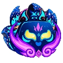 A small pixel art fox creature with glowing yellow eyes, starry blue fur, and vibrant purple flame-like ears.