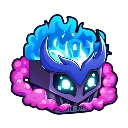 A dark box with glowing white eyes, topped with blue flames and surrounded by pink smoke.