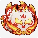 A stylized fox head with closed eyes surrounded by swirling orange and red flames.