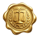 A gold wax seal embossed with the scales of justice symbol.