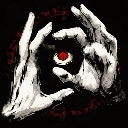 Hands forming a frame around a glowing red eye in a dark, high-contrast style.