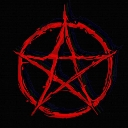 Red hand-drawn pentagram symbol centered on a black background.