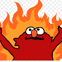 Elmo puppet stands with arms raised in front of a large, bright orange fire.