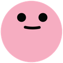Pink circle face with two black dots for eyes and a small, flat black line for a mouth.