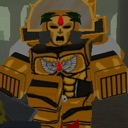 God-Emperor of Mankind in golden armor with a stern expression and laurel crown.