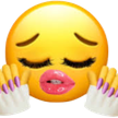 Yellow emoji face with long eyelashes, glossy pink lips, and hands showing off long purple-tipped nails.