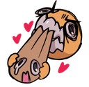 A stylized character aggressively biting another smaller, distressed character with a red background accent.