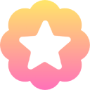 A white star centered on a soft pink and yellow gradient badge shape.