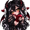 A cute anime succubus with black hair and horns holding a red heart with a loving expression.