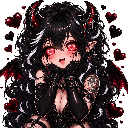 Anime girl with black hair and red eyes holding her face with a heart-filled dark background.