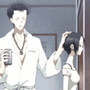 A tall man gently patting the head of a shorter woman in a repetitive animation.