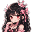 A cute anime girl with long black hair and red eyes wearing a pink crown and bows, giving a mischievous smirk.