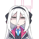 An anime girl with long white hair looking down with a tired and defeated expression.