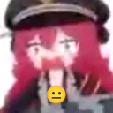 Anime girl with red hair and a military hat looking shocked with a neutral yellow emoji face on her chest.