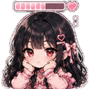 Anime girl with long black hair and pink heart accessories resting her chin on her hands with a pink loading bar above her h…