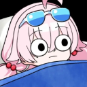 An anime girl with wide, unblinking eyes and sunglasses on her head peeking out from under a blue blanket.