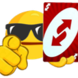 A yellow smiley face wearing sunglasses pointing at the viewer while holding a red Uno reverse card.