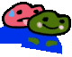 A pink blob with a sweat drop and a green blob interacting in a suggestive, cartoonish manner.