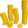 A cluster of yellow, 3D cylindrical pillars standing together with a red background element.
