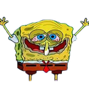 SpongeBob with bloodshot eyes and a wide, manic grin looking completely distorted.