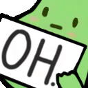 A cute green blob holding a white sign that says OH in bold black letters.