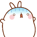 A cute white bunny with a blue rain-like shadow over its head looking shocked and terrified.