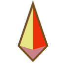 Crystal shard with yellow, red, and pink facets outlined in brown.