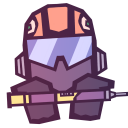 A small, purple-themed soldier character wearing a tactical helmet and visor, holding a rifle.