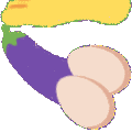 A cartoon foot repeatedly stomping on an eggplant and two eggs in a rhythmic motion.
