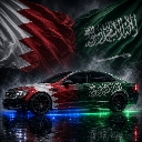 Sports car decorated with Bahrain and Saudi Arabia flags parked against a dark, moody background.