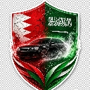 Shield split between Bahrain and Saudi Arabian flags with a black sports car in the center.