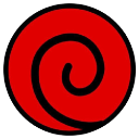 Red spiral icon with a black outline on a black background.