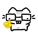 A doodle-style cat wearing glasses points its finger forward in a corrective gesture.