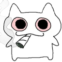 A white cartoon cat with large, dazed pink eyes holding a lit joint.