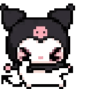 Kuromi dancing energetically with a happy expression in a pixel art style.